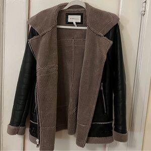 BCBG Fur Lined Leather Jacket Vegan Faux Vintage Y2K Asymmetrical Zip Up Sherpa